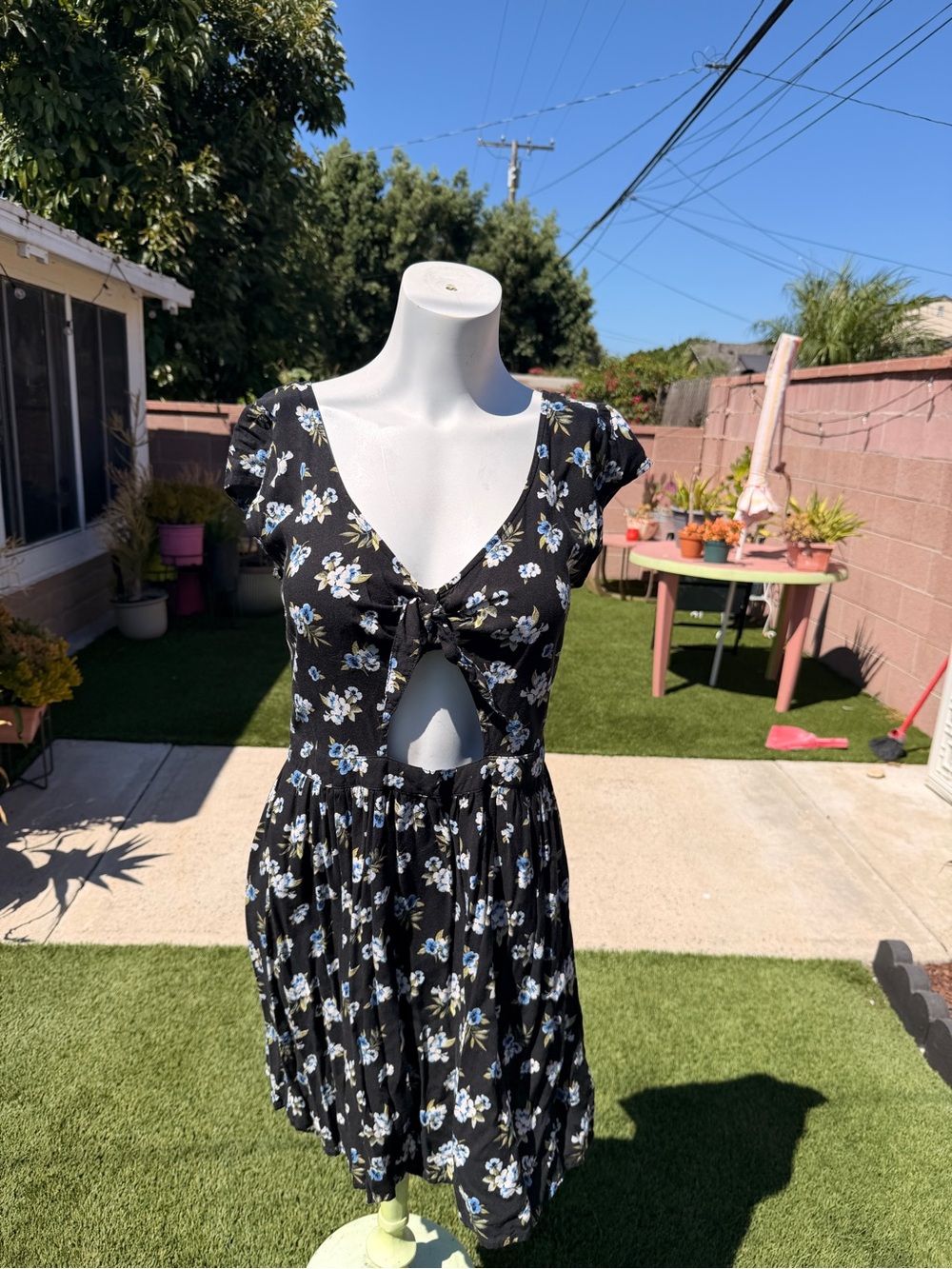 Hollister Black Floral Tie-Front Mini Dress with Blue & White Flowers